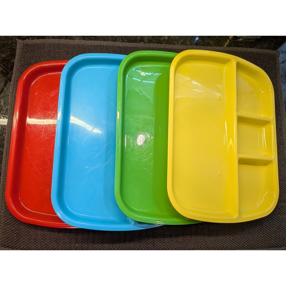 4 Set Colorful Cafeteria Trays Retro‎ Plastic Divided Kids Picnic Cottagecore